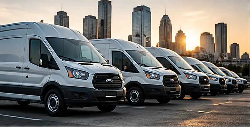 Fleet of white service vans parked in a row at sunrise